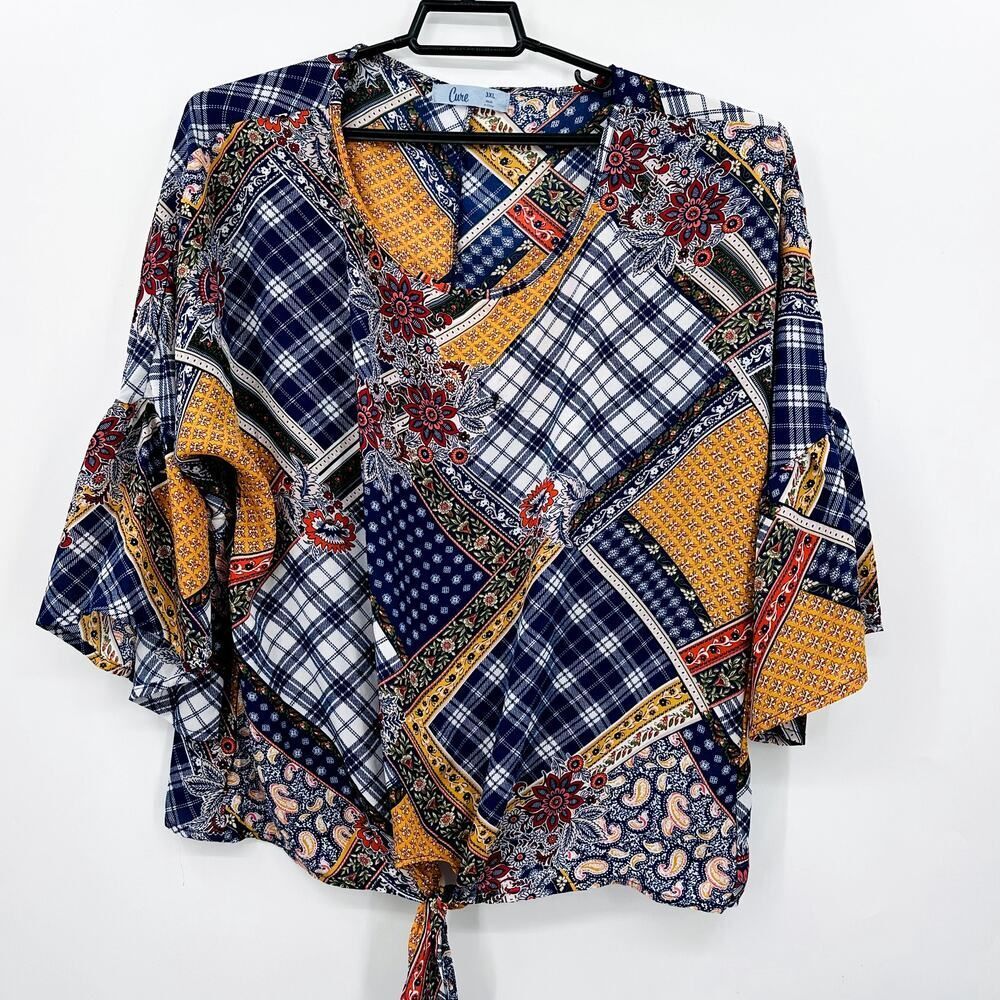 Cure Patchwork Print Boho Tie Front Blouse Bell 3/4 Sleeve Womens 3XL blue gold